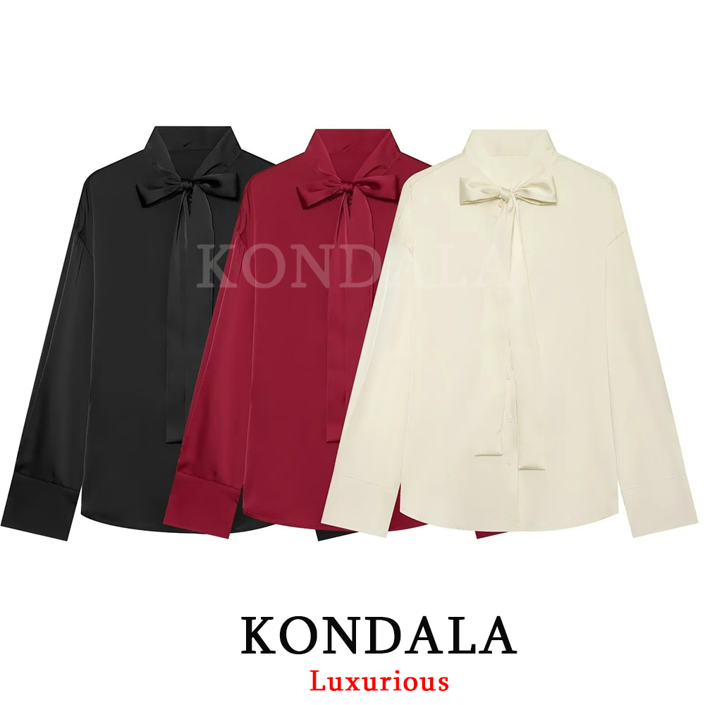 Fashion Street Night - KONDALA ハイストリートシックな女性カジュアルシャツ蝶ネクタイアップ長袖シャツファッション 2026 秋ホリデーナイトアウトサテンシャツ