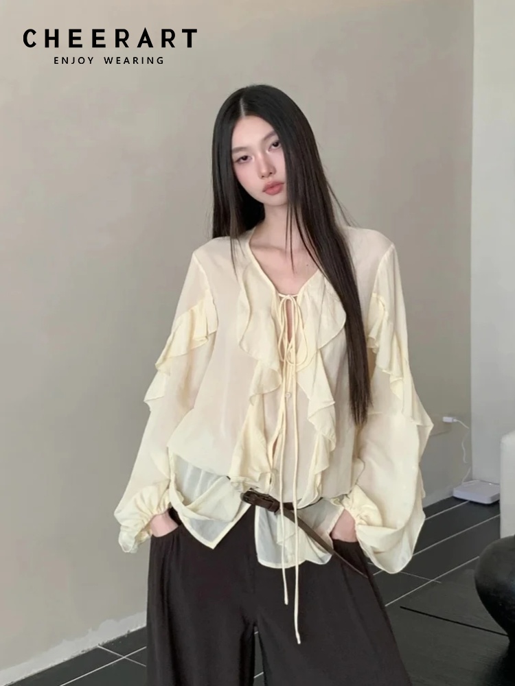 Street Fashion Fall 2025 - CHEERART ラッフル Vネック タイフロントブラウス レディース シアー