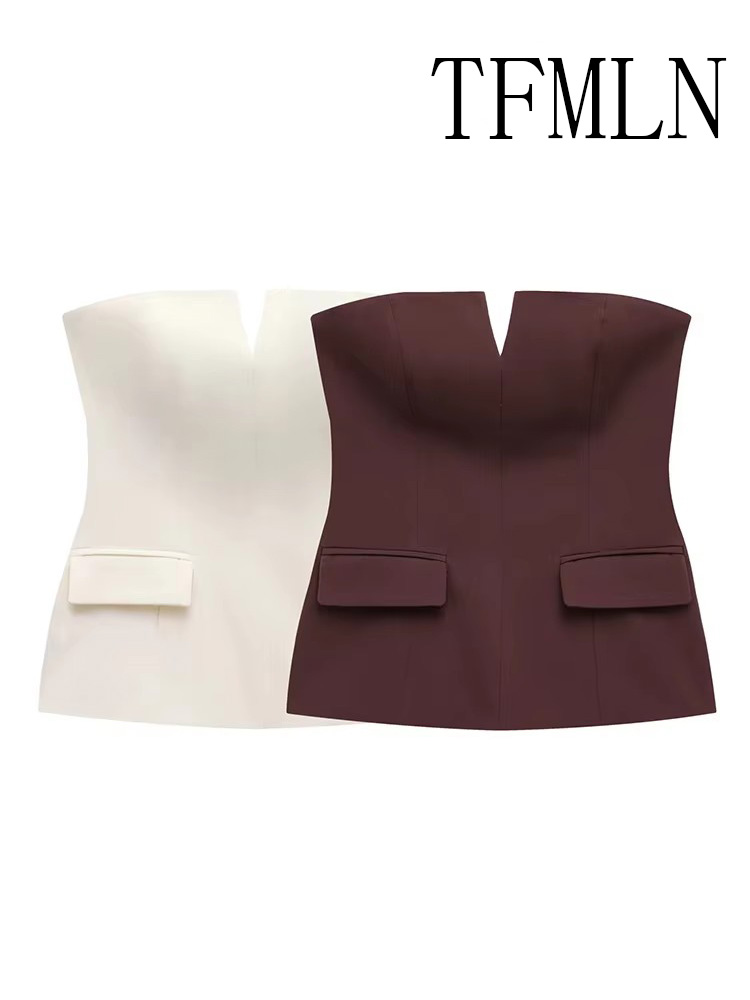 Street Fashion Youtube - TFMLN レディースストラップレスクロップ 2025 トップスベーシックノースリーブオフィスレディトップストレンドストリートファッションクラシックソリッドチューブトップス