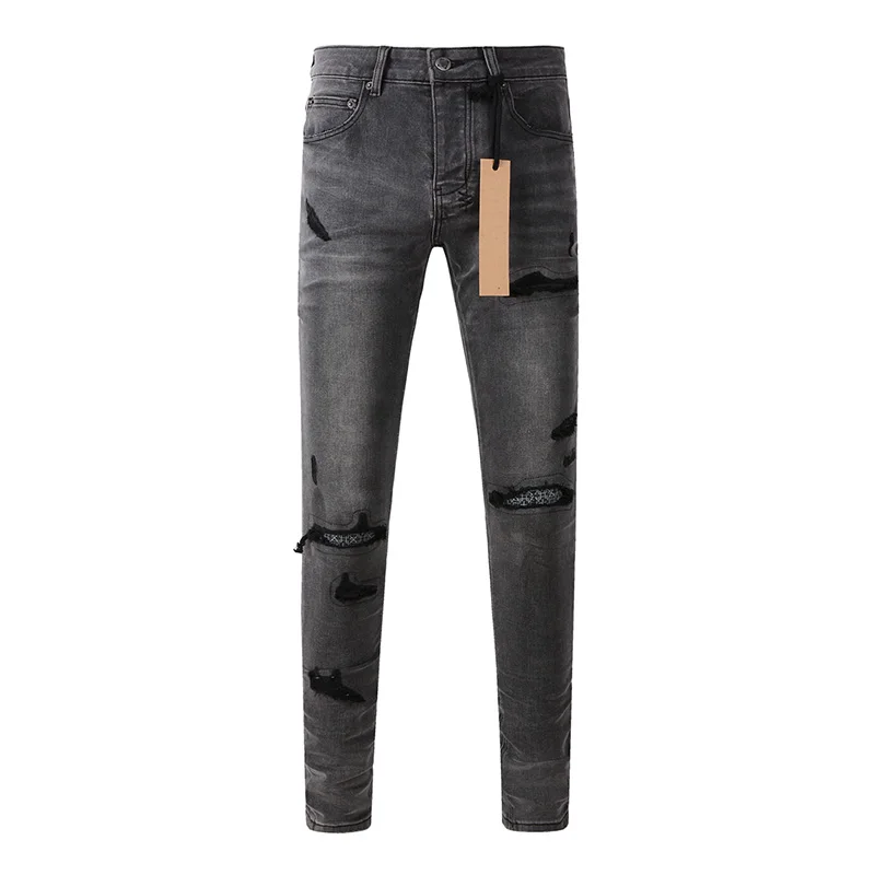 Distressed Jean Rip - メンズ ハイストリート ダメージ加工 アッシュグレー ストレッチ スキニー