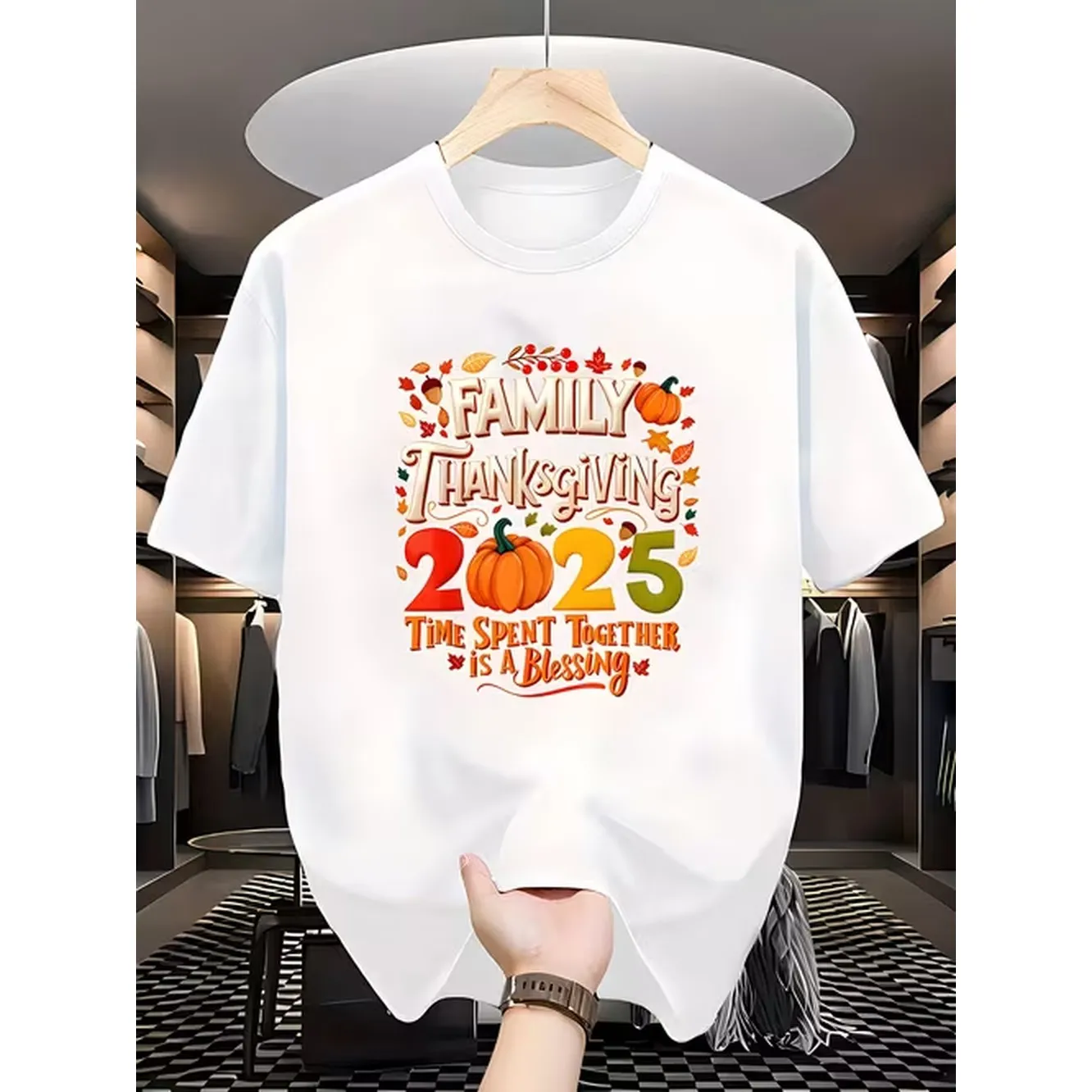 Street Fashion Events - メンズ Tシャツ ホワイト ピュアコットン ラウンドネックトップ ファミリー感謝祭アニメスローガンプリント付き