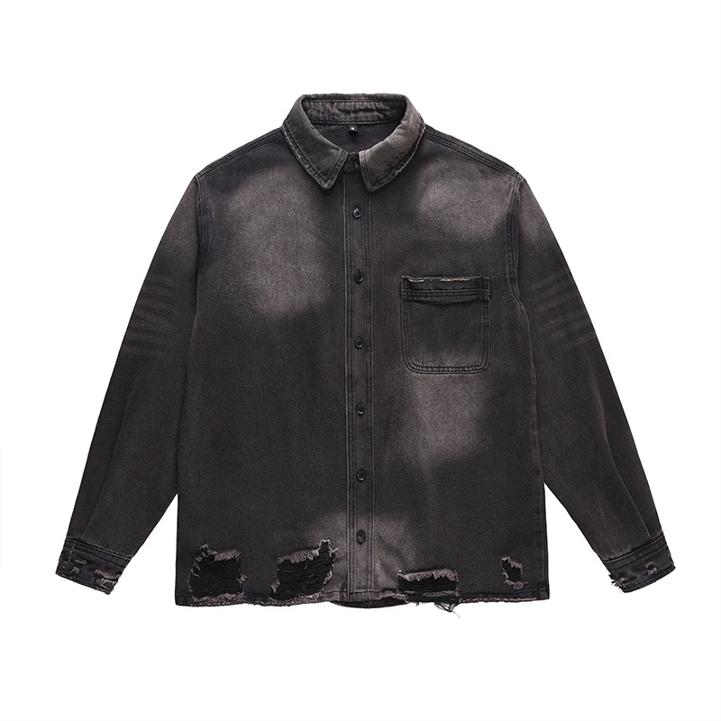 Street Fashion Denim - メンズハイストリートリップドジーンズジャケットファッションストリートウェアウォッシュドヴィンテージルーズフィットY2Kダメージ加工デニムトラッカーコートアウターウェア