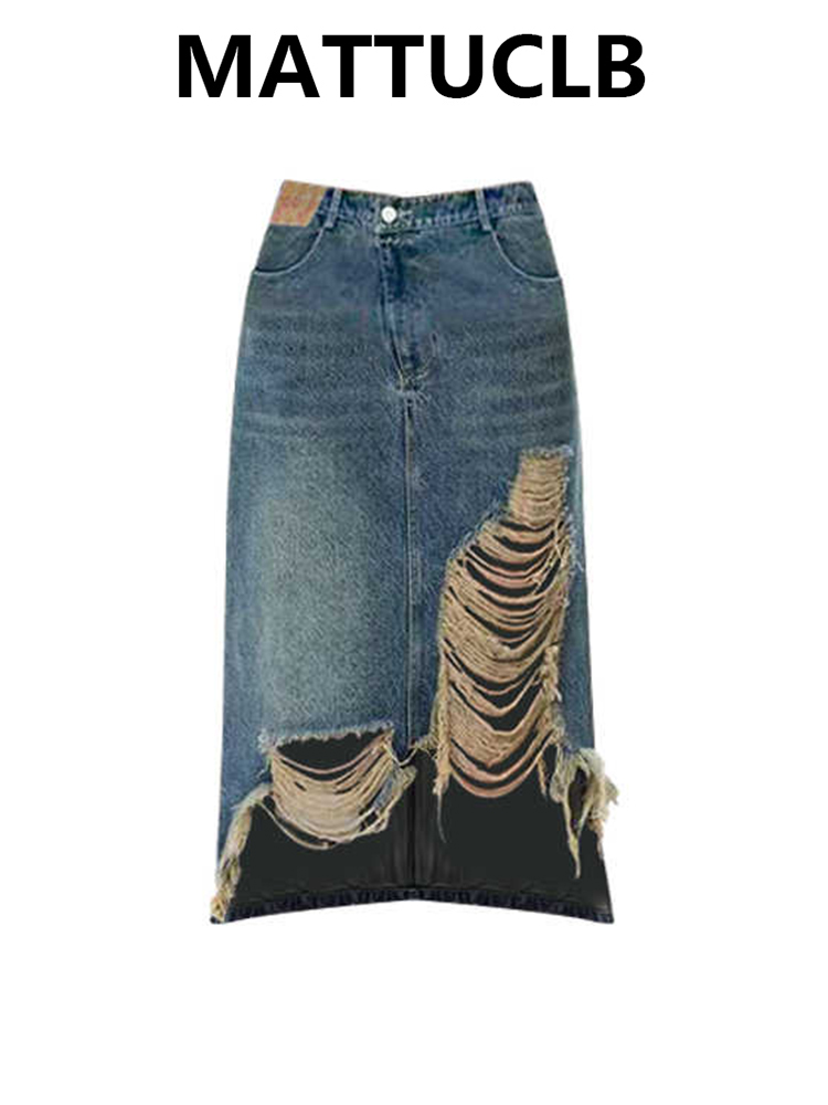 Street Fashion Denim - 2000年代風ミディ丈スカート ダメージデニムスカート KPOP パーティー Y2K ハイストリート