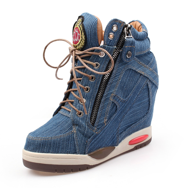 Street Fashion Denim - 2026年新作 9cm 春秋 背が高くなるデニムブーツ レディースファッション レースアップ