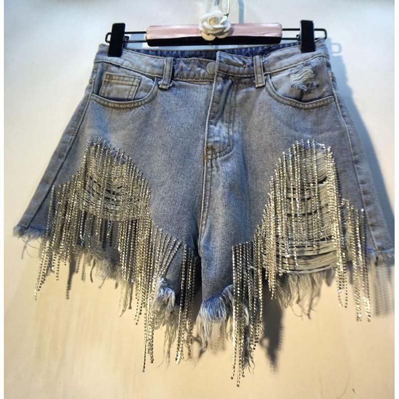 Distressed Jean Rip - 2026 デニムショートパンツ レディース ダメージ加工 ジーンズ タッセル付き