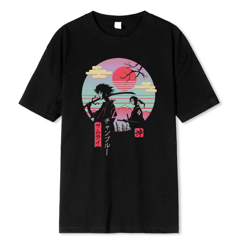 Street Fashion Walk - 2 日本のサムライウォーキングホームヒップホッププリント男性トップスファッションストリート Tシャツ夏カジュアルコットン Tシャツ特大ルーズ Tシャツ