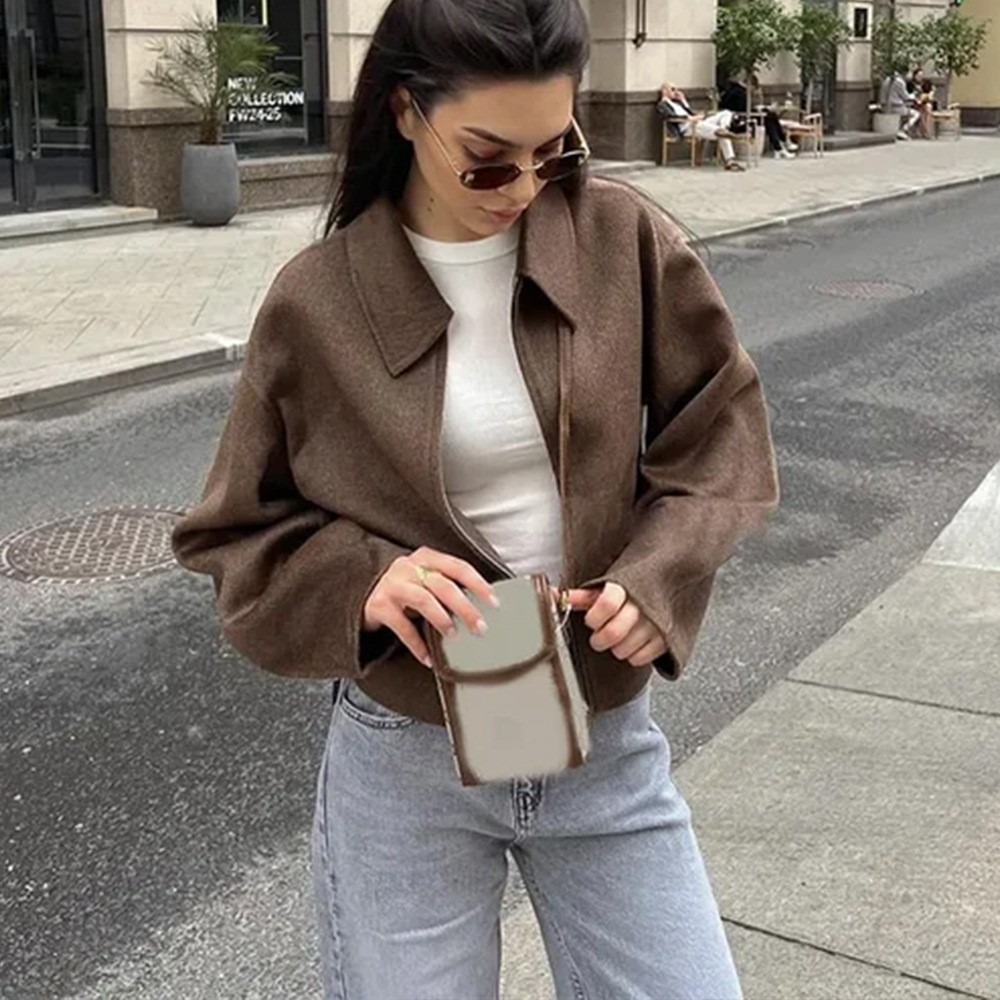 Street Fashion Shanghai - ヴィンテージソリッドブラウンターンダウンカラーコート女性のためのエレガントな長袖ジッパールーズジャケットファッション通勤ハイストリートジャケット