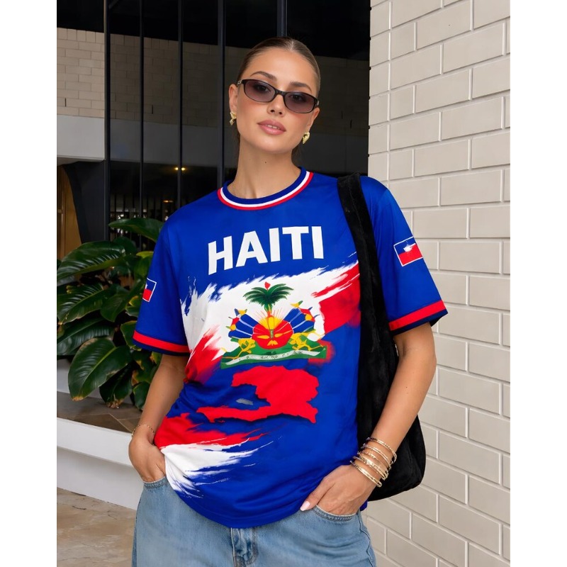 Street Fashion Usa - 2026年ニューハイチ国旗サッカーユニフォーム レトロクルーネック半袖通気性ルーズフィットストリートウェアカジュアルフットボールシャツ