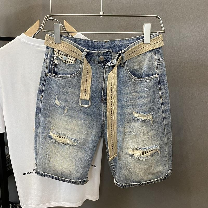 Distressed Jean Rip - ライトブルーリッピングだぶだぶのショートジーンズパンツ男性用ハーフボタンマンデニムショートパンツユーズド加工XLストリート原宿人気のジョルト