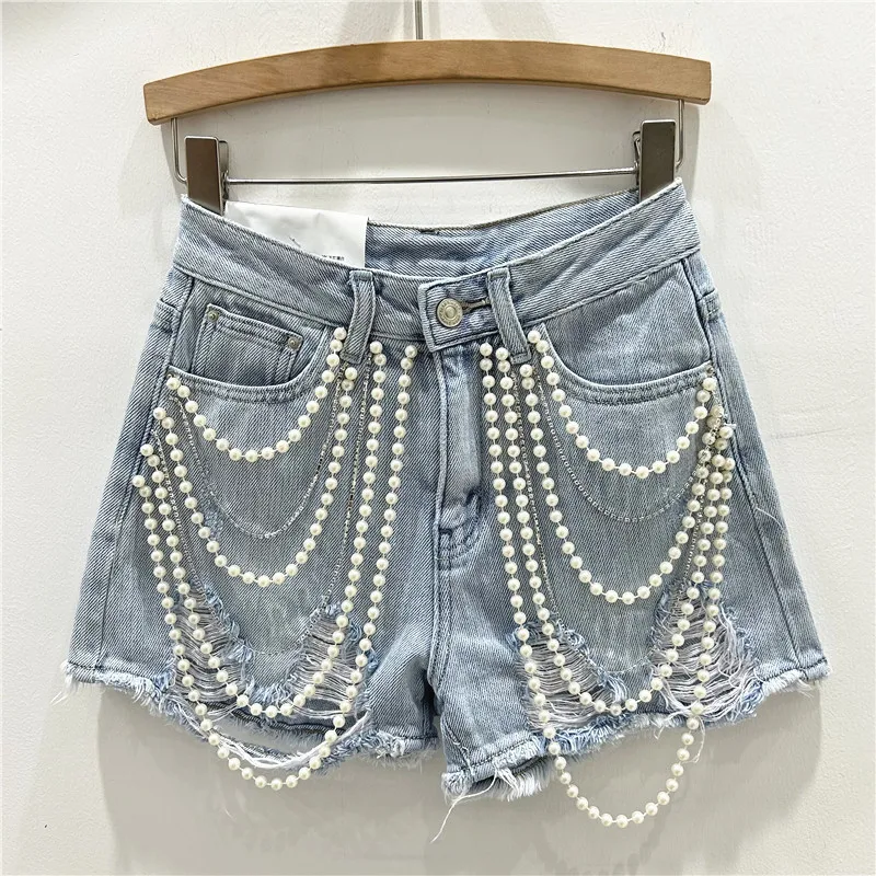 Distressed Jean Rip - ダメージ加工ジーンズデニムショートパンツウォッシュドジーンズハイウエストチェーンスプライスカジュアルポケットルーズストリートウェアサマー