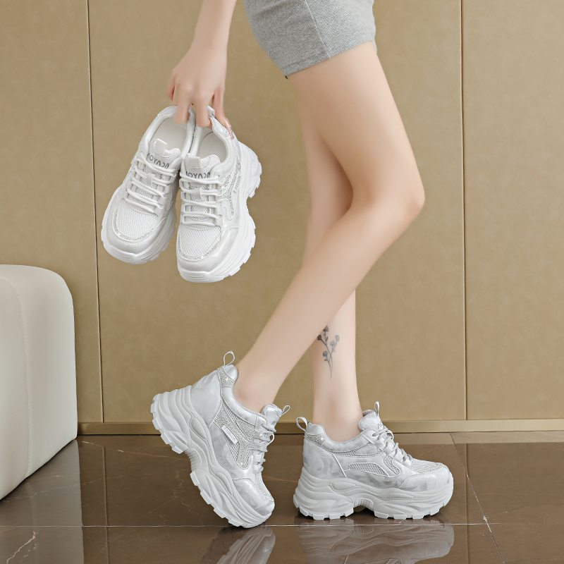 Street Fashion Walk - レディースメッシュプラットフォームラインストーンスニーカー身長アップレースアップノンスリップカジュアルウォーキングアウトドアストリートコンフォートデイリーファッションシューズ