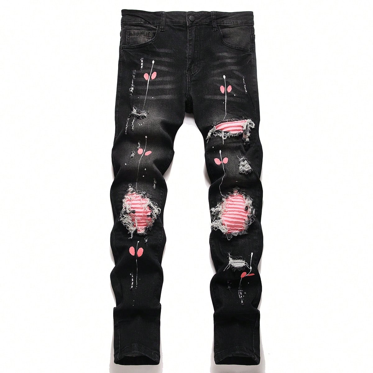 Distressed Jean Rip - ハイストレッチメンズダメージデニムジーンズ、スキニーヒップホップパンツ、カジュアルスリムフィットトラウザーズ、パッチワーク刺繍入りストリートウェア