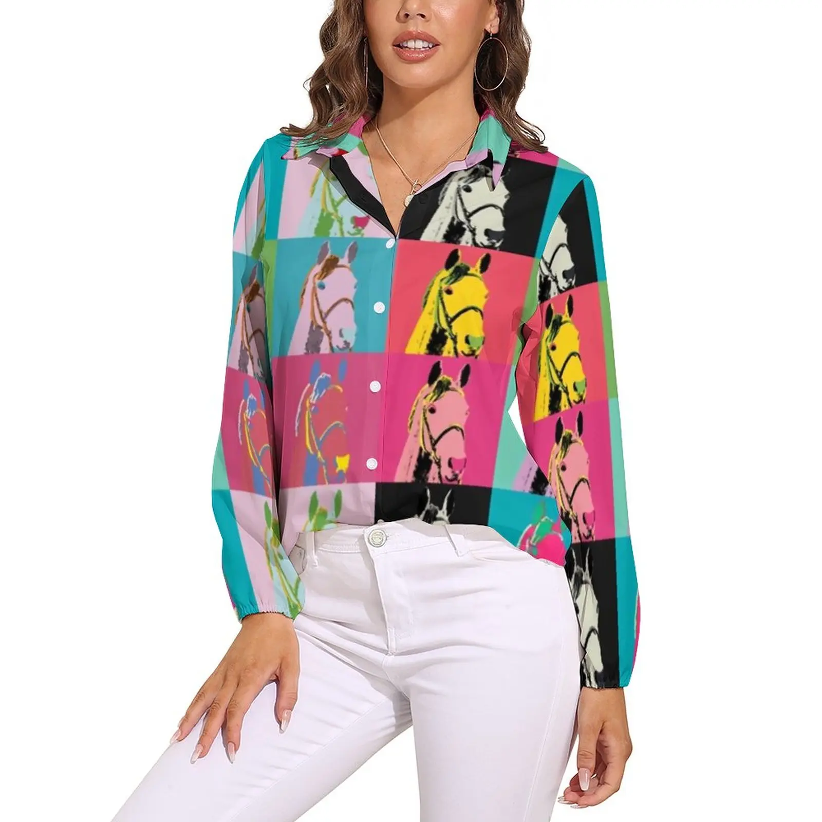 Street Fashion Jersey - 女性のためのカラフルな馬のアートブラウス、長袖の女性のシャツ、ヴィンテージレースの秘密の馬のブラウス、女性のストリートシャツ、春と夏のトップス