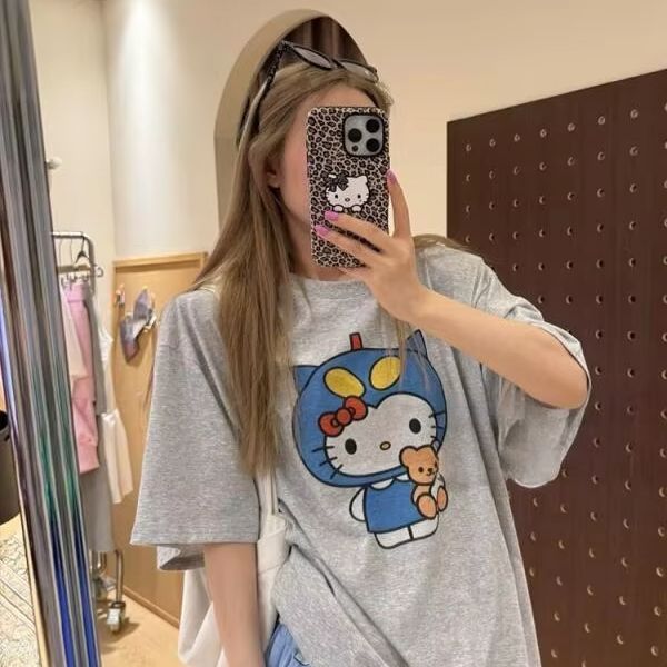Street Fashion Jersey - 半袖ハローキティプリント Tシャツサンリオレディース夏新作ルーズデザイン多用途純綿トップス楽しいストリートファッション