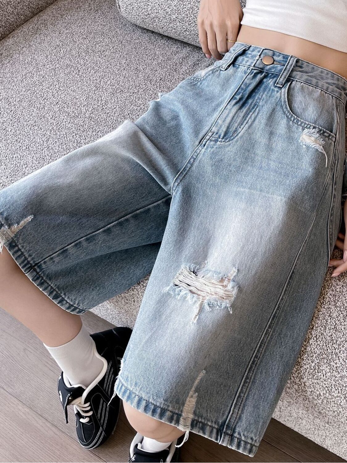Distressed Jean Rip - 女性用ハイウエストダメージデニムバミューダショーツ、ワイドレッグリップドジーンズショーツ、ヴィンテージウォッシュカジュアルサマーY2Kストリートウェアコットン