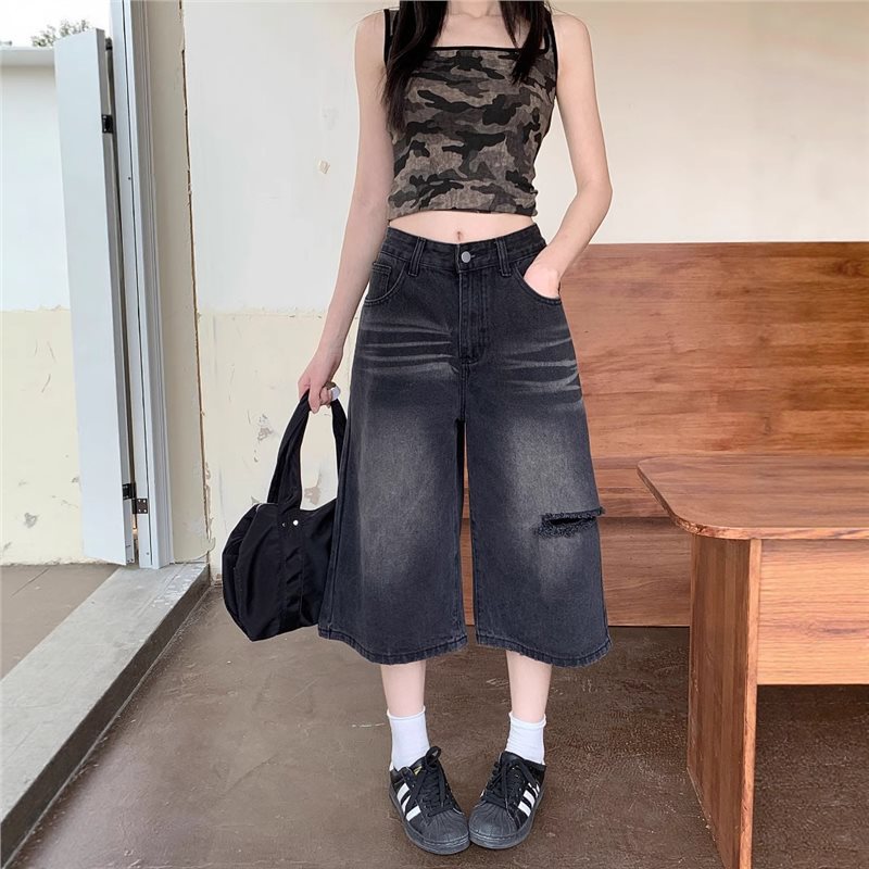 Distressed Jean Rip - ホールジーンズ レディース カーフ丈パンツ ワイドレッグショーツ ヴィンテージ リップド