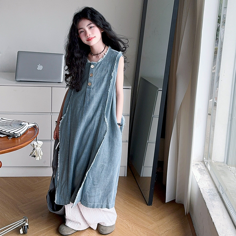Street Fashion Denim - ルーズスタイル子供高級夏のデニムドレス十代の少女のためのハイファッションストリート衣装子供カジュアルノースリーブジーンズドレス