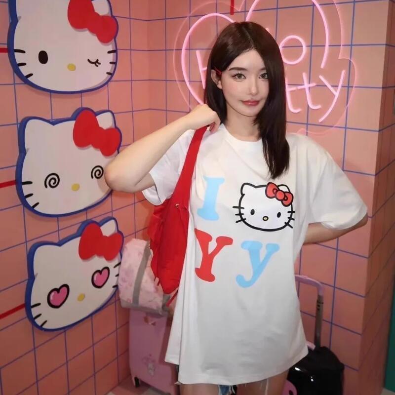 Street Fashion Jersey - 半袖サンリオ夏用純綿ユニセックスTシャツハローキティトレンディな漫画プリントルーズカジュアル多用途ストリートファッション