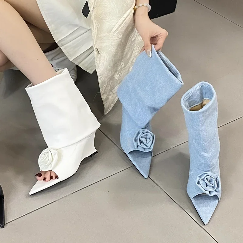 Street Fashion Denim - 女性のための先のとがったつま先の足首のブーツ、花のデザイン、のぞき見つま先、サンダル、ウェッジ、ハイヒール、レディースシューズ、ファッション、ストリートスタイル