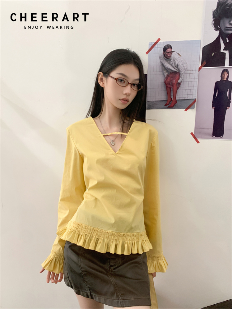 Street Fashion Fall 2025 - CHEERART 2025年秋ファッション レディース イエロー 長袖ブラウス フリル