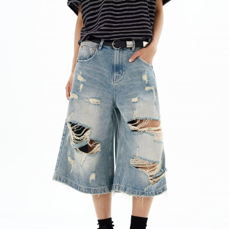 Distressed Jean Rip - 新しいメンズヴィンテージリップドバギーショートジーンズ、レディースグランジダメージ加工オーバーサイズジョーツ、Y2Kレトロパンクストリートウェアワイドレッグデニムショーツ