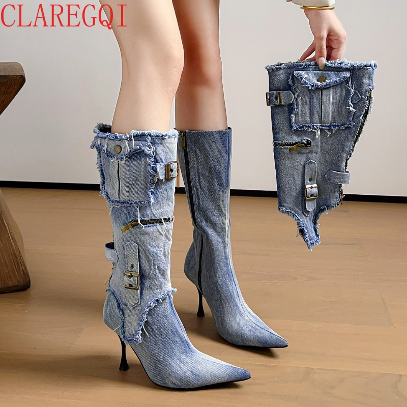 Street Fashion Denim - レディース、秋のブーツ。洗い加工を施したデニム素材、ポインテッドトゥ、ベルトバックル付き、ヒールブーツ。取り外し可能な装飾が付いており、スリムに見えるデザイン。女性用、レザー。