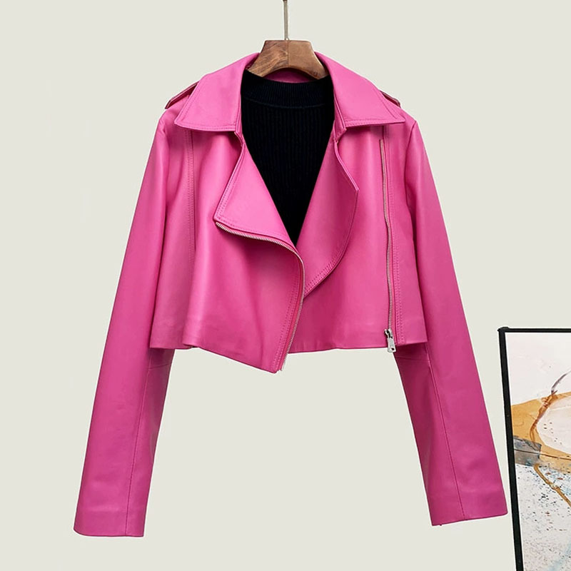 Street Fashion Fall 2025 - ファッションローズピンク女性本革ジャケットコート 2025 秋の新斜めジッパーラペル女性ショートシープスキンジャケットストリートウェア