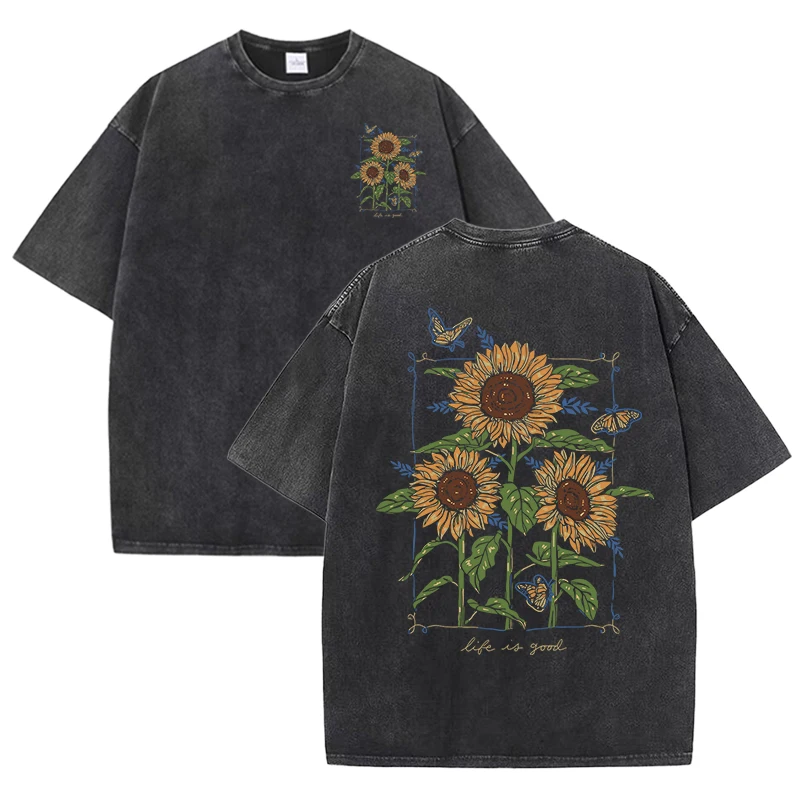 ひまわりプリント ウォッシュ加工 Tシャツ ユニセックス ソ - Street Fashion Shanghai のレビューと価格