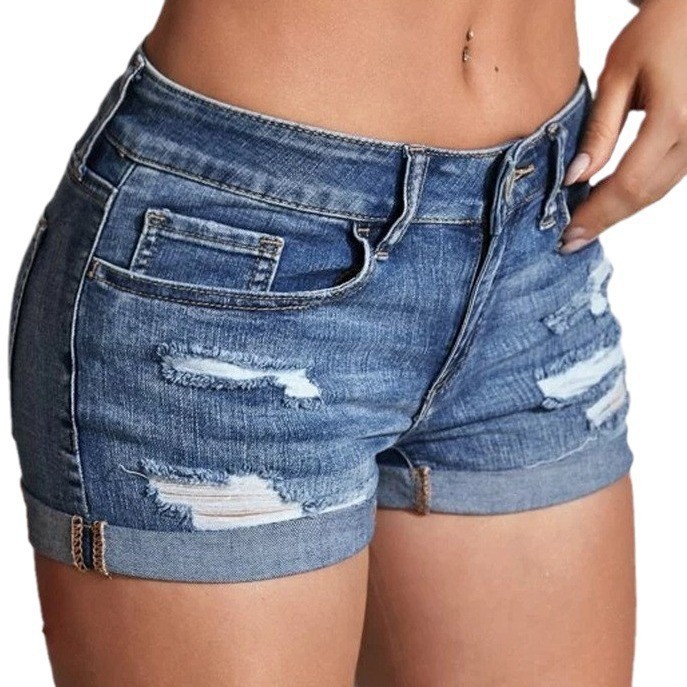 ハイウエストウォッシュドデニムショーツ、ダメージ加工スキニー - Distressed Jean Rip のレビューと価格