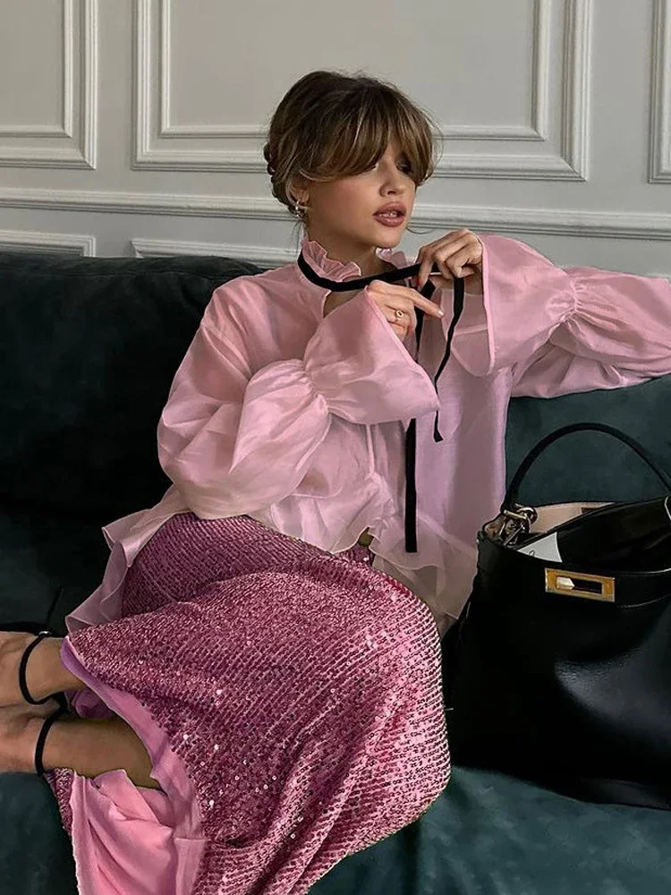 女性用ホワイトラッフルヘムタイネックブラウス、ハイネックフレ - Fashion Street Night のレビューと価格