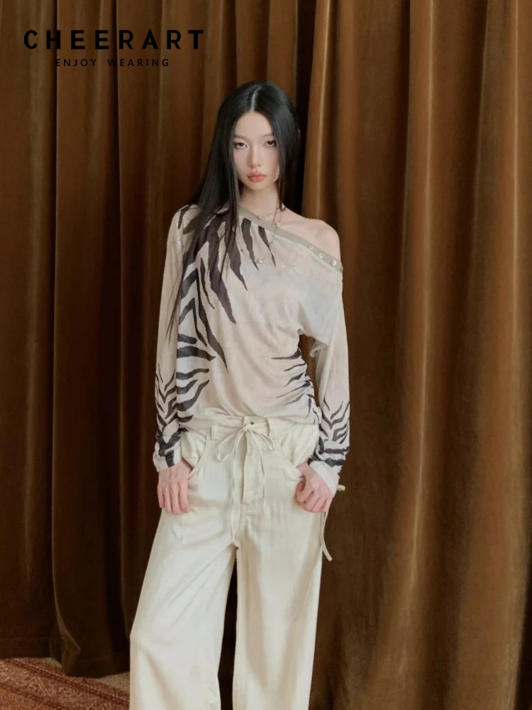 CHEERART ゼブラ柄 オフショルダー デザイナー 長袖 - Street Fashion Fall 2025 のレビューと価格