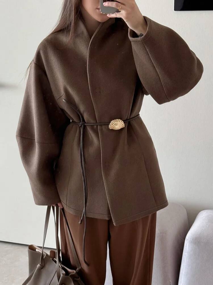 シックな女性の無地ウールコート、エレガントな長袖、ウエストタ - Street Fashion Taiwan のレビューと価格
