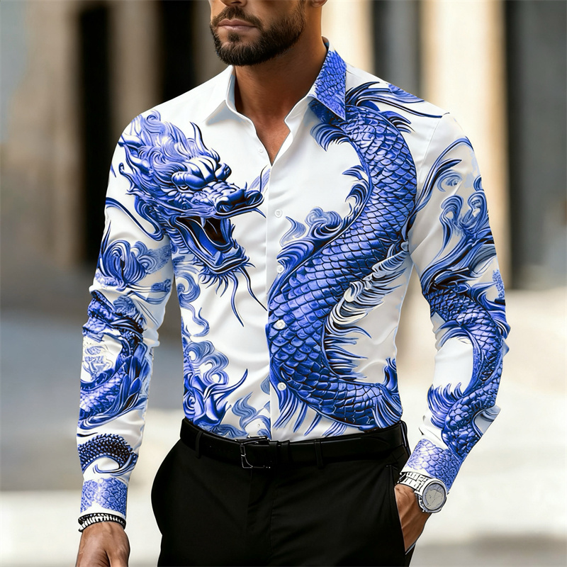 メンズシャツ 長袖シャツ 中国龍HDパターン 3Dプリント  - Street Fashion Shanghai のレビューと価格