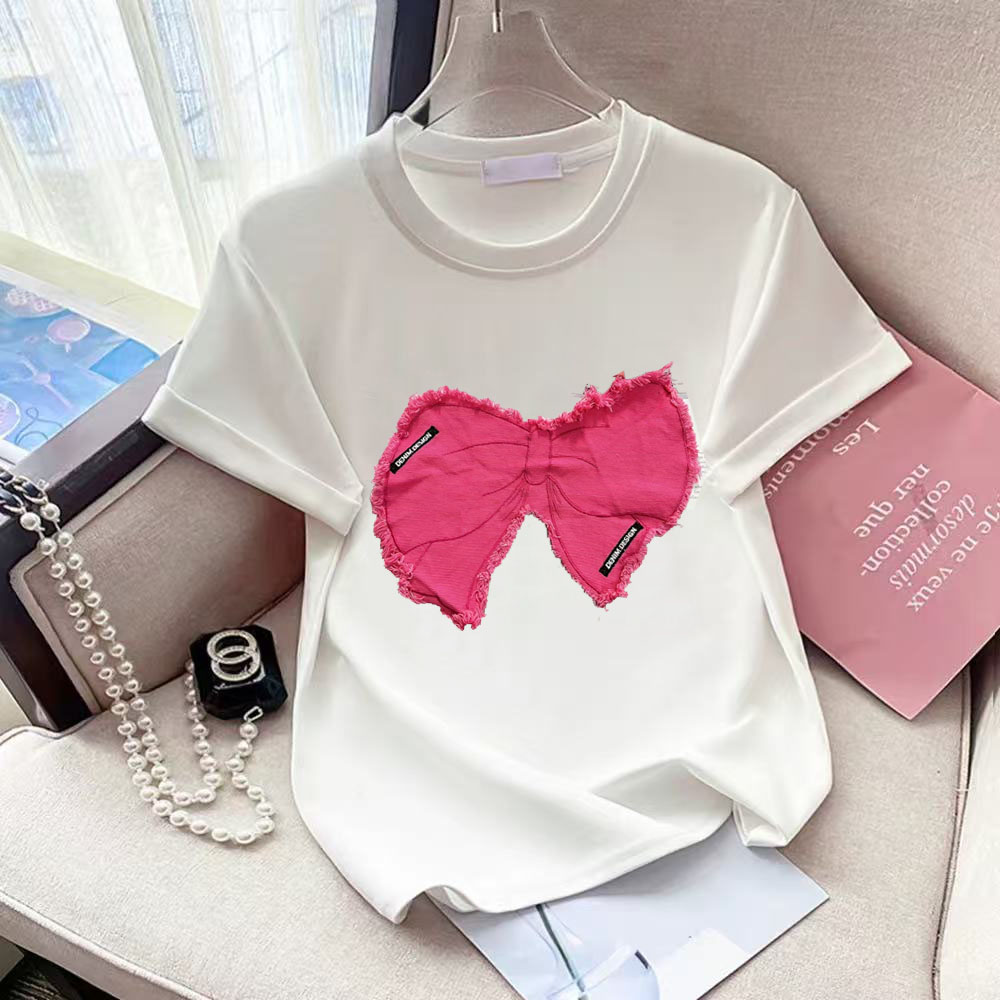 ローズレッドデニム蝶ネクタイOネック半袖Tシャツゆったり20 - Street Fashion Shanghai のレビューと価格