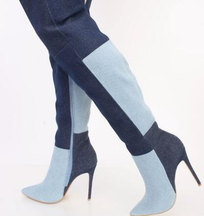 ブルーのツートンデニムオーバーニーブーツ、女性用カラーブロッ - Street Fashion Denim のレビューと価格