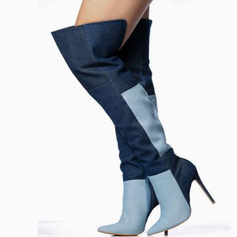 ブルーのツートンデニムオーバーニーブーツ、女性用カラーブロッ - Street Fashion Denim のレビューと価格
