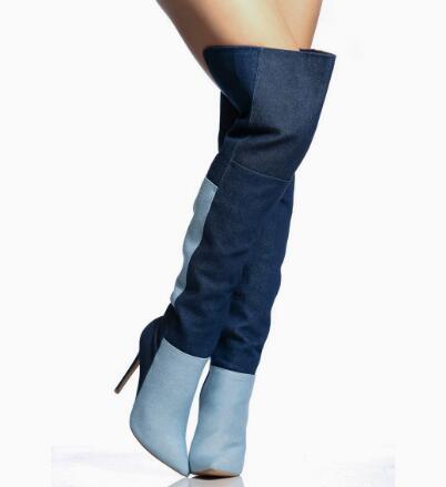 ブルーのツートンデニムオーバーニーブーツ、女性用カラーブロッ - Street Fashion Denim のレビューと価格