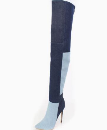 ブルーのツートンデニムオーバーニーブーツ、女性用カラーブロッ - Street Fashion Denim のレビューと価格