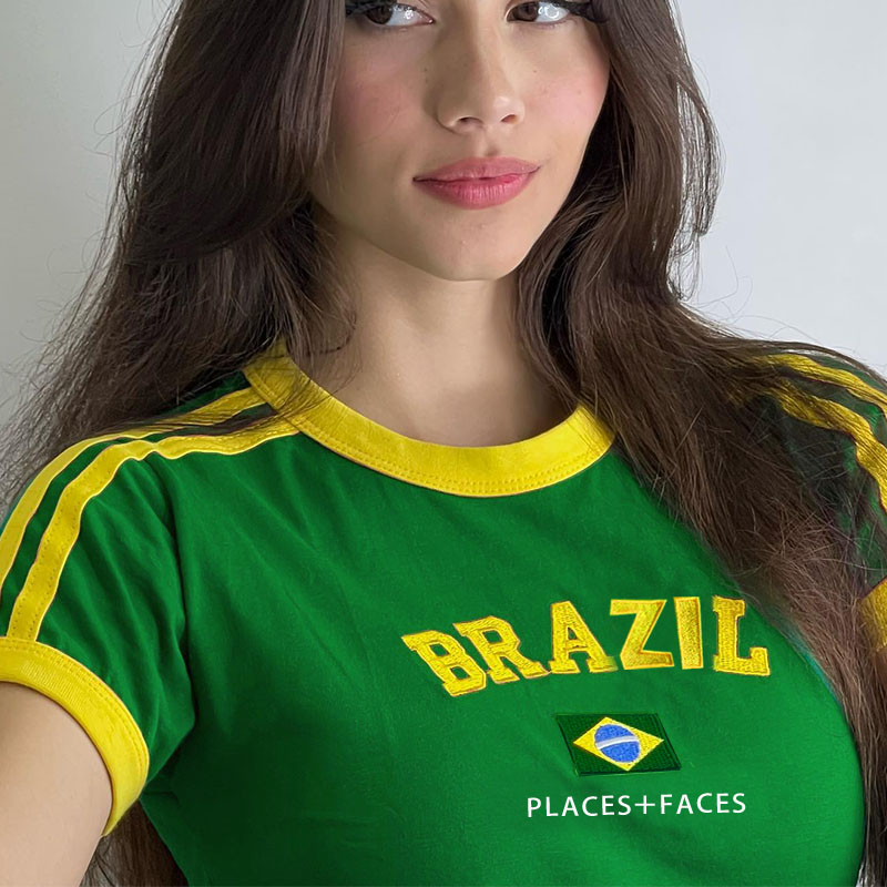 女性用ブラジルレタープリントTシャツ,ショートトップ,ヴィン - Street Fashion Brazil のレビューと価格