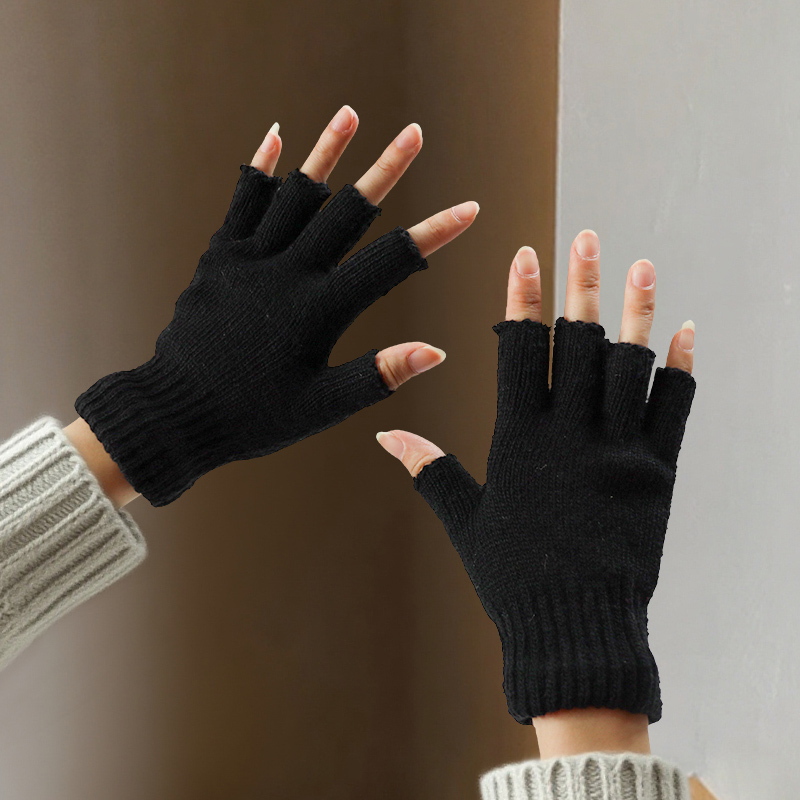 女性用ウールハーフフィンガーグローブ、男性用のかわいいニット - Street Fashion Gloves のレビューと価格