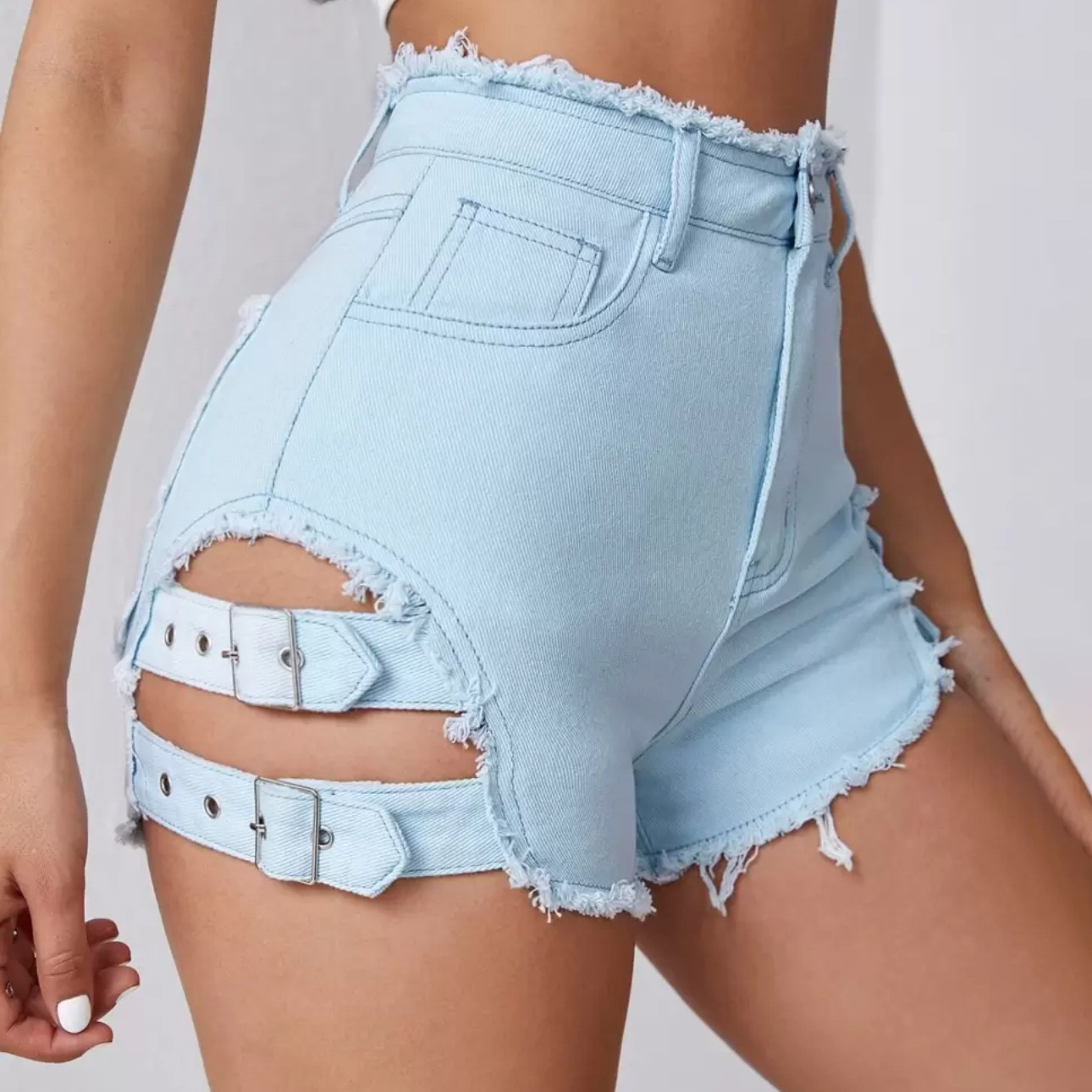女性ハイウエストデニムショートパンツダメージ加工裾夏カジュア - Street Fashion Denim のレビューと価格