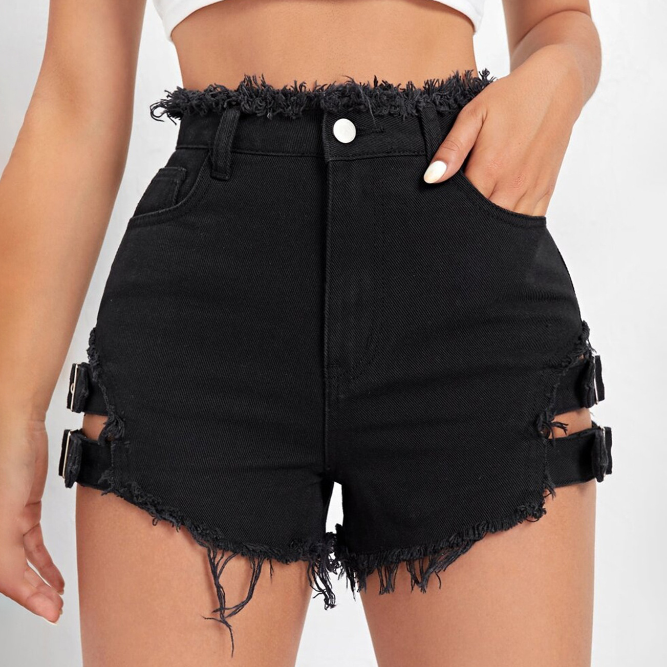女性ハイウエストデニムショートパンツダメージ加工裾夏カジュア - Street Fashion Denim のレビューと価格