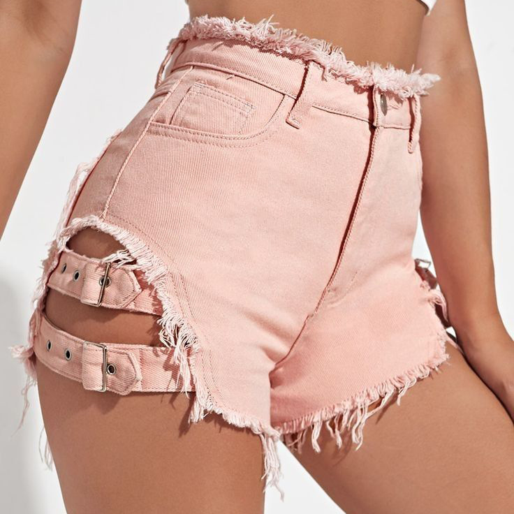 女性ハイウエストデニムショートパンツダメージ加工裾夏カジュア - Street Fashion Denim のレビューと価格