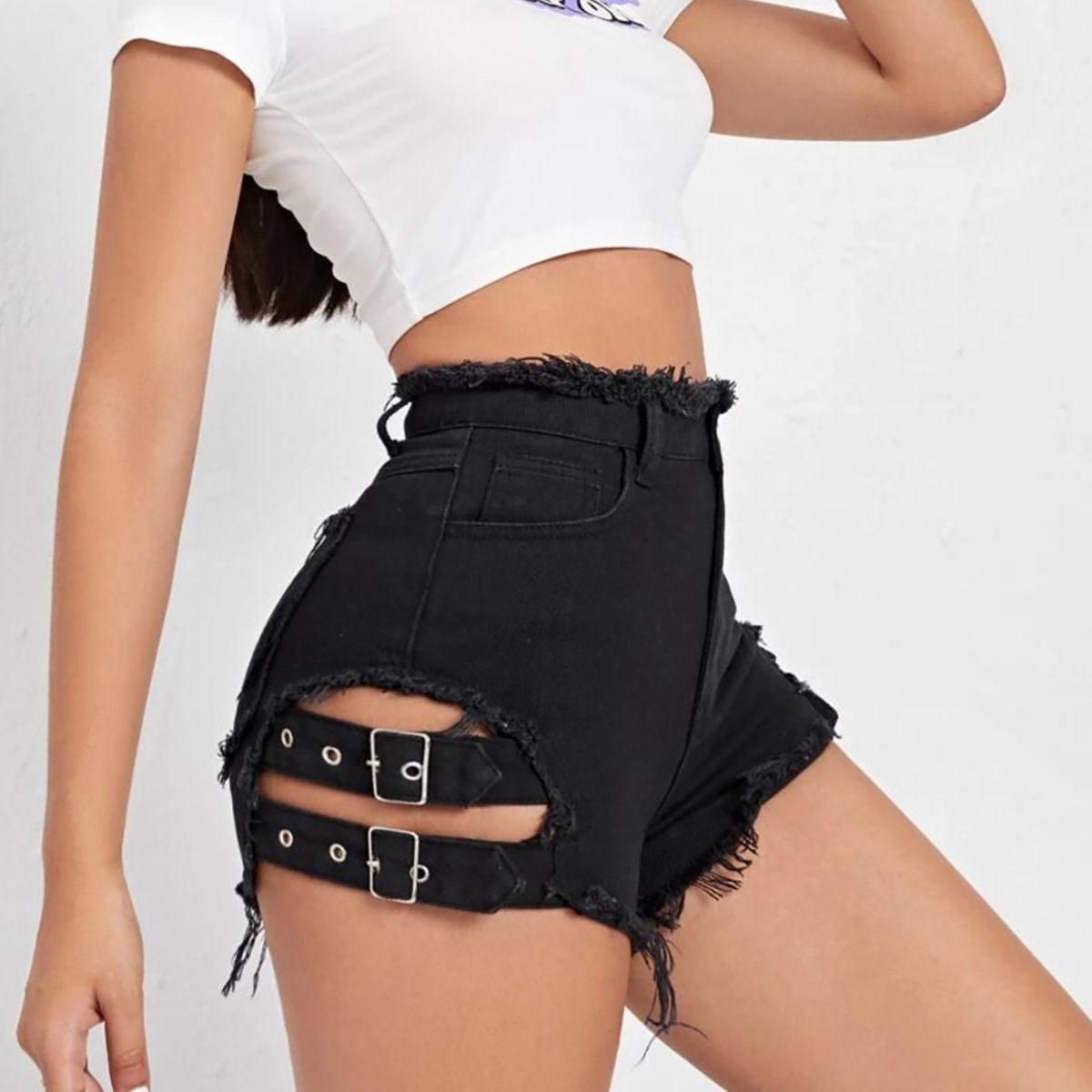 女性ハイウエストデニムショートパンツダメージ加工裾夏カジュア - Street Fashion Denim のレビューと価格