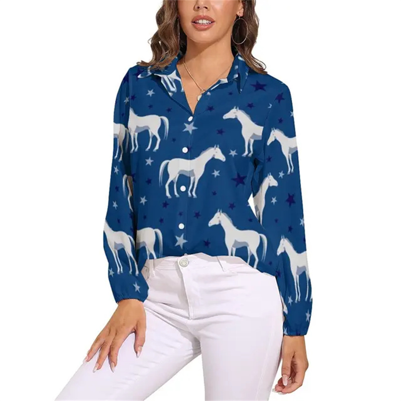 女性のためのカラフルな馬のアートブラウス、長袖の女性のシャツ - Street Fashion Jersey のレビューと価格
