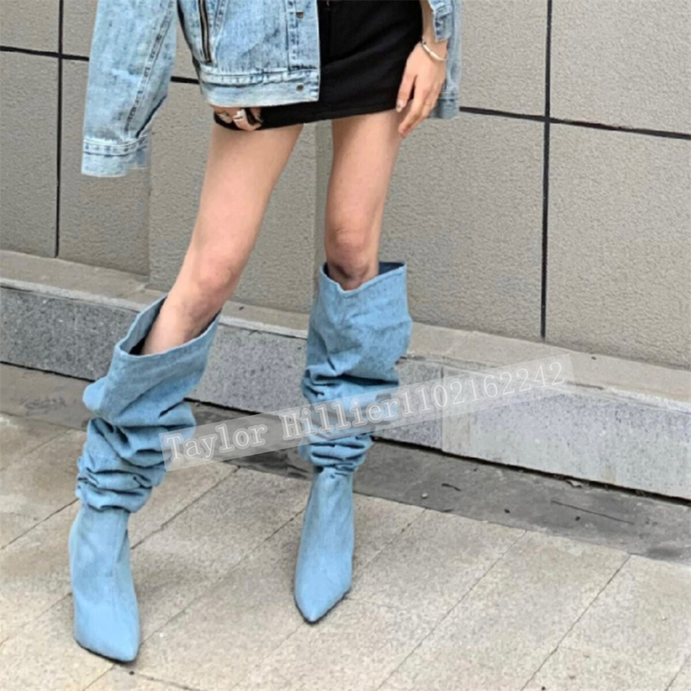 春のブルーデニムプリーツスラウチシューズ女性のポインテッドト - Street Fashion Denim のレビューと価格