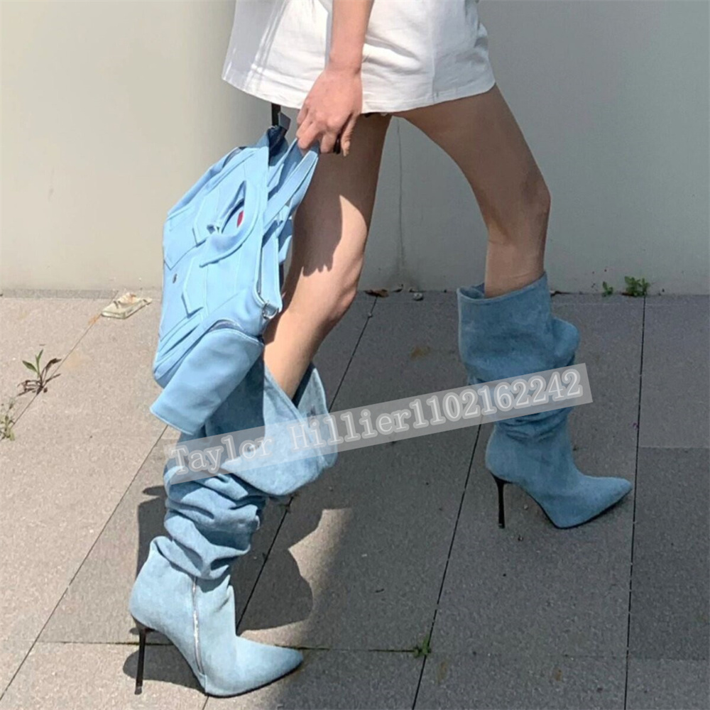 春のブルーデニムプリーツスラウチシューズ女性のポインテッドト - Street Fashion Denim のレビューと価格
