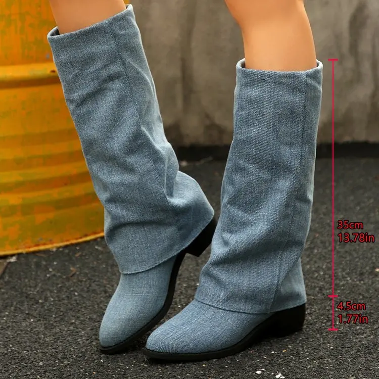 女性のニーハイブーツ秋のファッションポインテッドトゥの靴クラ - Street Fashion Denim のレビューと価格