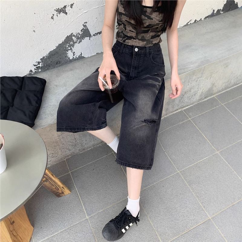 ホールジーンズ レディース カーフ丈パンツ ワイドレッグショ - Distressed Jean Rip のレビューと価格