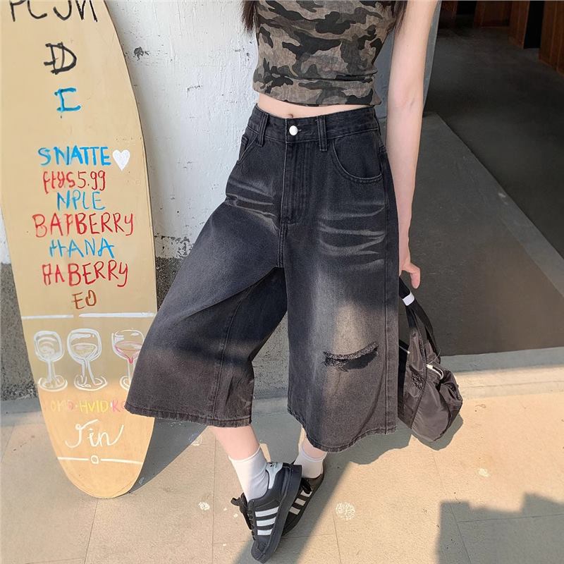 ホールジーンズ レディース カーフ丈パンツ ワイドレッグショ - Distressed Jean Rip のレビューと価格
